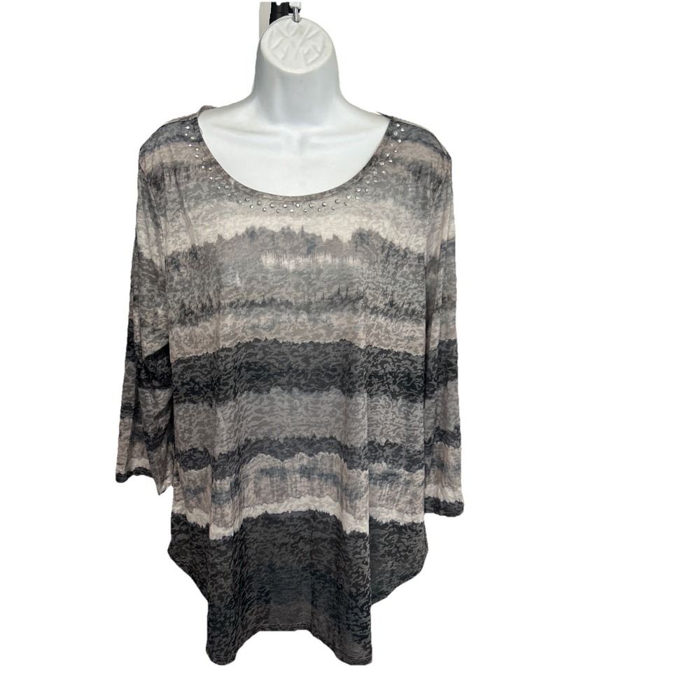 NWT Ruby Rd Top Womens XL Black Gray Sheer Lightweight‎ Beaded 3/4 Sleeve Artsy